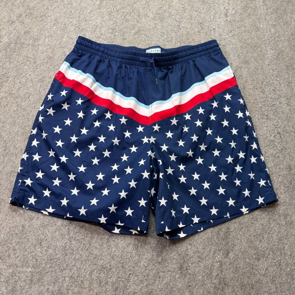 Burlebo Swim Trunks Men XL Blue White Red Patriotic Flag Print Stretch 7"